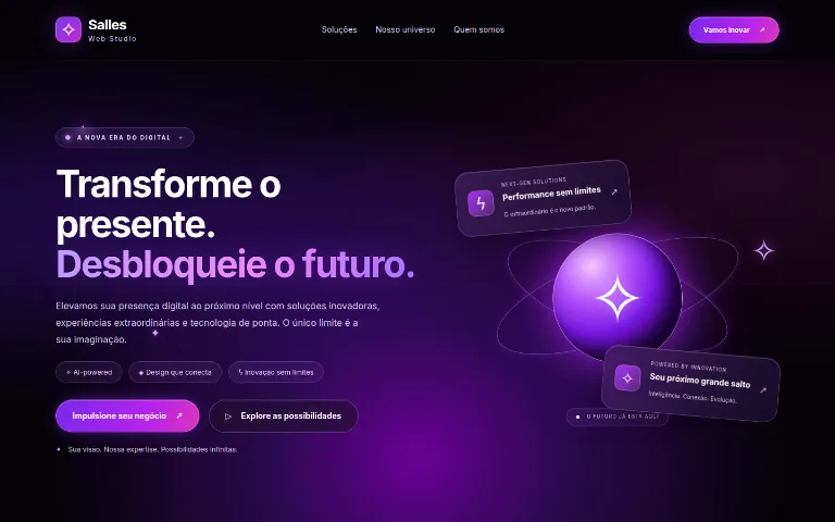 Exemplo de página genérica com gradiente roxo e cards flutuantes.
