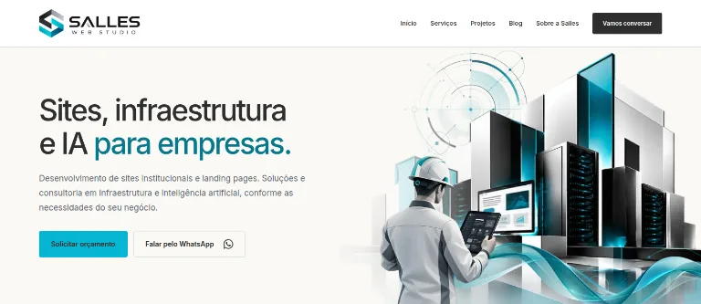 Abertura real da Salles Web Studio, com serviços nomeados, paleta da marca e botões de orçamento e WhatsApp.